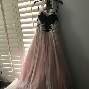 Halter Neck Embroidered Applique Ball Gown